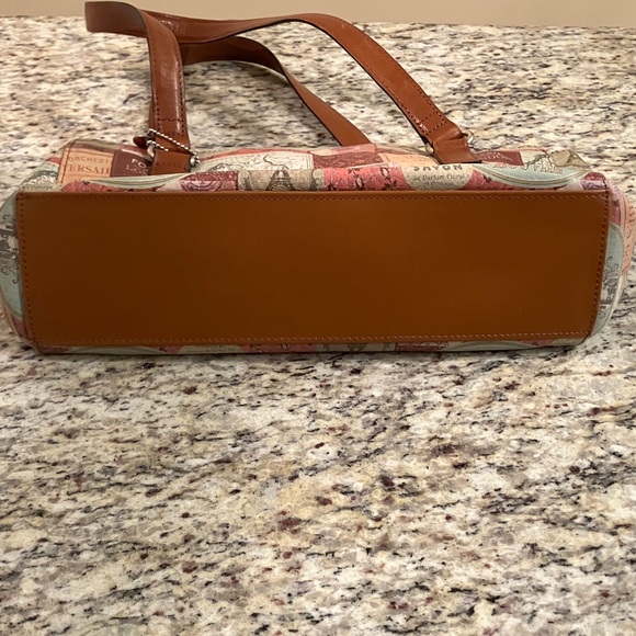 Fossil Vintage Travel Print Satchel Shoulder Bag Brown Leather Handles Cream - Picture 13 of 16